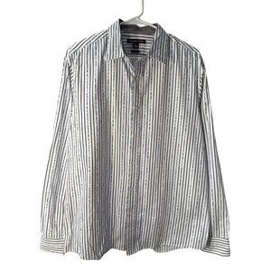 Michael Kors Classic Fit XL White & Navy Striped 100% Cotton Button-Up Shirt EUC
